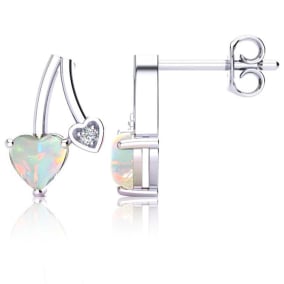 3/4 Carat Opal and Diamond Heart Earrings In Sterling Silver
