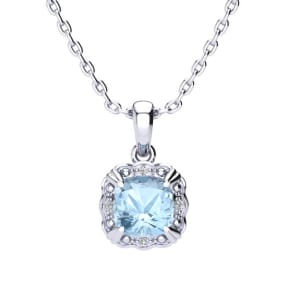 2 Carat Cushion Cut Aquamarine and Diamond Necklace In Sterling Silver With 18 Inch Chain