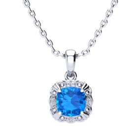 2 Carat Cushion Cut Blue Topaz and Diamond Necklace In Sterling Silver With 18 Inch Chain