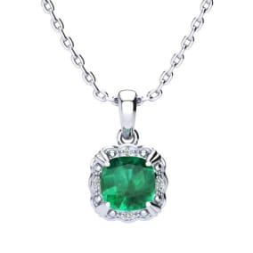 2 Carat Cushion Cut Emerald and Diamond Necklace In Sterling Silver With 18 Inch Chain