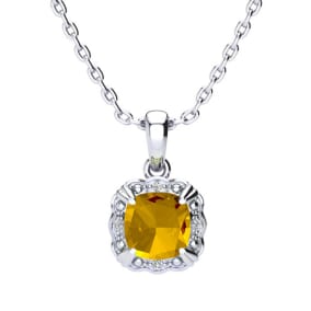 2 Carat Cushion Cut Citrine and Diamond Necklace In Sterling Silver With 18 Inch Chain