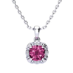 2 Carat Cushion Cut Pink Sapphire and Diamond Necklace In Sterling Silver With 18 Inch Chain