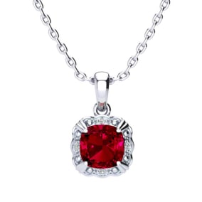 2 Carat Cushion Cut Ruby and Diamond Necklace In Sterling Silver With 18 Inch Chain