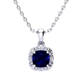 2 Carat Cushion Cut Sapphire and Diamond Necklace In Sterling Silver With 18 Inch Chain