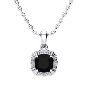 2 Carat Cushion Cut Black Onyx and Diamond Necklace In Sterling Silver With 18 Inch Chain