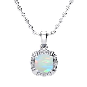 2 Carat Cushion Cut Opal and Diamond Necklace In Sterling Silver With 18 Inch Chain