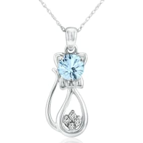 1 Carat Aquamarine and Diamond Cat Necklace In Sterling Silver With 18 Inch Chain