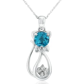1 Carat Blue Topaz and Diamond Cat Necklace In Sterling Silver With 18 Inch Chain