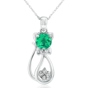 1 Carat Emerald and Diamond Cat Necklace In Sterling Silver With 18 Inch Chain