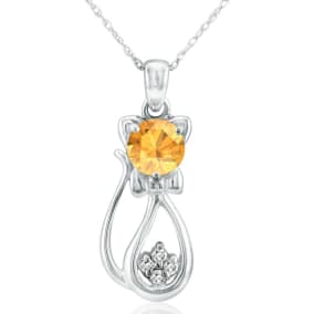 1 Carat Citrine and Diamond Cat Necklace In Sterling Silver With 18 Inch Chain