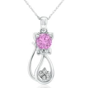 1 Carat Pink Sapphire and Diamond Cat Necklace In Sterling Silver With 18 Inch Chain