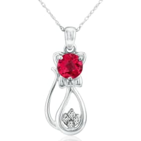 1 Carat Ruby and Diamond Cat Necklace In Sterling Silver With 18 Inch Chain