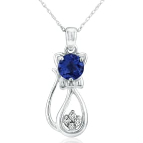 1 Carat Sapphire and Diamond Cat Necklace In Sterling Silver With 18 Inch Chain