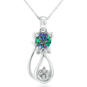 1 Carat Mystic Topaz and Diamond Cat Necklace In Sterling Silver With 18 Inch Chain