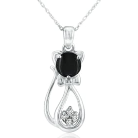 1 Carat Black Onyx and Diamond Cat Necklace In Sterling Silver With 18 Inch Chain