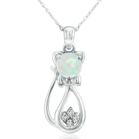 1 Carat Opal and Diamond Cat Necklace In Sterling Silver With 18 Inch Chain