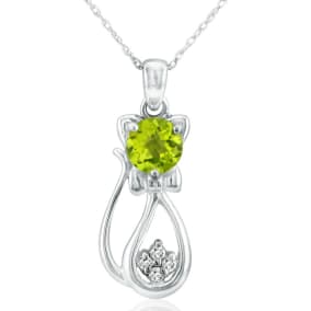 1 Carat Peridot and Diamond Cat Necklace In Sterling Silver With 18 Inch Chain
