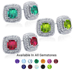 2 3/4 Carat Cushion Cut Gemstone and Diamond Earrings In Sterling Silver