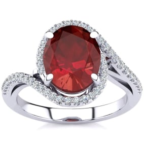 2 3/4 Carat Oval Shape Created Ruby and Halo Diamond Ring In Sterling Silver