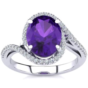 Amethyst Ring: 2 3/4 Carat Oval Shape Amethyst and Halo Diamond Ring In Sterling Silver
