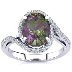 2 3/4 Carat Oval Shape Mystic Topaz and Halo Diamond Ring In Sterling Silver