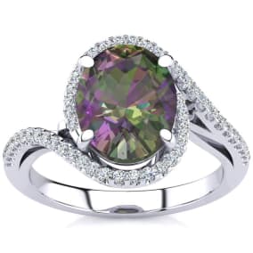 Mystic Topaz Ring: 2 3/4 Carat Oval Shape Mystic Topaz and Halo Diamond Ring In Sterling Silver