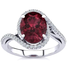 Garnet Ring: 2 3/4 Carat Oval Shape Garnet and Halo Diamond Ring In Sterling Silver