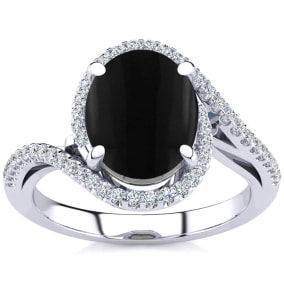 2 3/4 Carat Oval Shape Black Onyx and Halo Diamond Ring In Sterling Silver