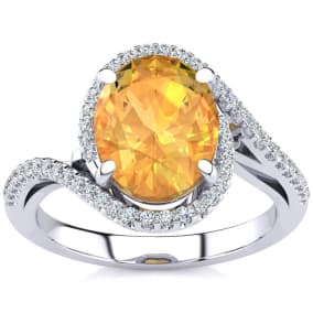 Citrine Ring: 2 3/4 Carat Oval Shape Citrine and Halo Diamond Ring In Sterling Silver