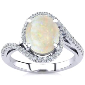 Opal Ring: 2 3/4 Carat Oval Shape Created Opal and Halo Diamond Ring In Sterling Silver