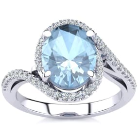 Aquamarine Ring: 2 3/4 Carat Oval Shape Aquamarine and Halo Diamond Ring In Sterling Silver