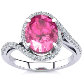 Pink Sapphire Ring: 2 3/4 Carat Oval Shape Created Pink Sapphire and Halo Diamond Ring In Sterling Silver