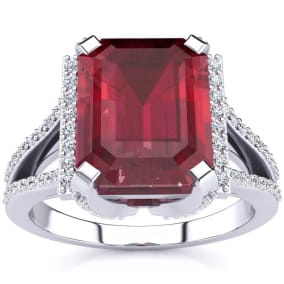 4 Carat Emerald Shape Created Ruby and Diamond Ring In Sterling Silver