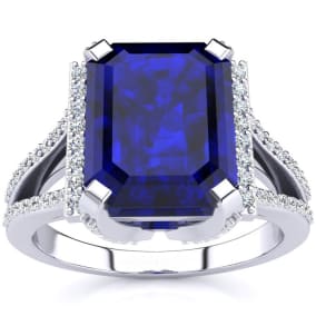 Sapphire Ring: 4 Carat Emerald Shape Created Sapphire and Diamond Ring In Sterling Silver