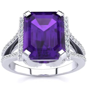 4 Carat Emerald Shape Amethyst and Diamond Ring In Sterling Silver