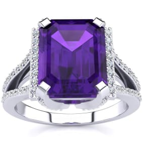 Amethyst Ring: 4 Carat Emerald Shape Amethyst and Diamond Ring In Sterling Silver