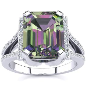 Mystic Topaz Ring: 4 Carat Emerald Shape Mystic Topaz and Diamond Ring In Sterling Silver