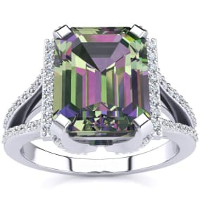 4 Carat Emerald Shape Mystic Topaz and Diamond Ring In Sterling Silver
