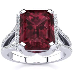 Garnet Ring: 4 Carat Emerald Shape Garnet and Diamond Ring In Sterling Silver