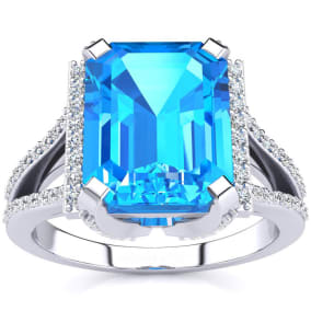 Blue Topaz Ring: 4 Carat Emerald Shape Blue Topaz and Diamond Ring In Sterling Silver