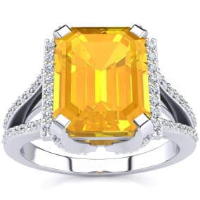 Citrine Ring: 4 Carat Emerald Shape Citrine and Diamond Ring In Sterling Silver