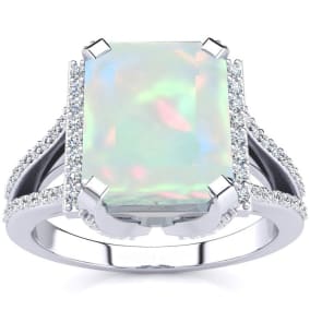 4 Carat Emerald Shape Created Opal and Diamond Ring In Sterling Silver