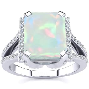 Opal Ring: 4 Carat Emerald Shape Created Opal and Diamond Ring In Sterling Silver