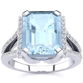 Aquamarine Ring: 4 Carat Emerald Shape Aquamarine and Diamond Ring In Sterling Silver