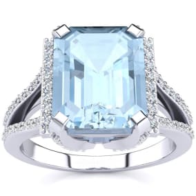 4 Carat Emerald Shape Aquamarine and Diamond Ring In Sterling Silver