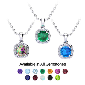 2 Carat Cushion Cut Gemstone and Diamond Necklace In Sterling Silver