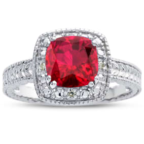 1 1/4 Carat Cushion Cut Created Ruby and Halo Diamond Ring In Sterling Silver
