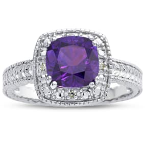 Amethyst Ring: 1 1/4 Carat Cushion Cut Amethyst and Halo Diamond Ring In Sterling Silver