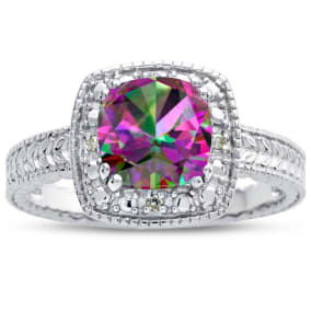 Mystic Topaz Ring: 1 1/4 Carat Cushion Cut Mystic Topaz and Halo Diamond Ring In Sterling Silver