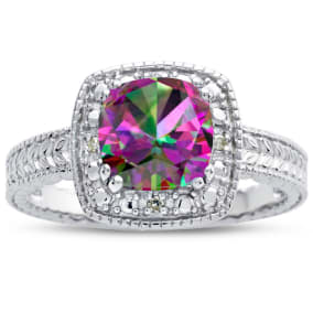 1 1/4 Carat Cushion Cut Mystic Topaz and Halo Diamond Ring In Sterling Silver